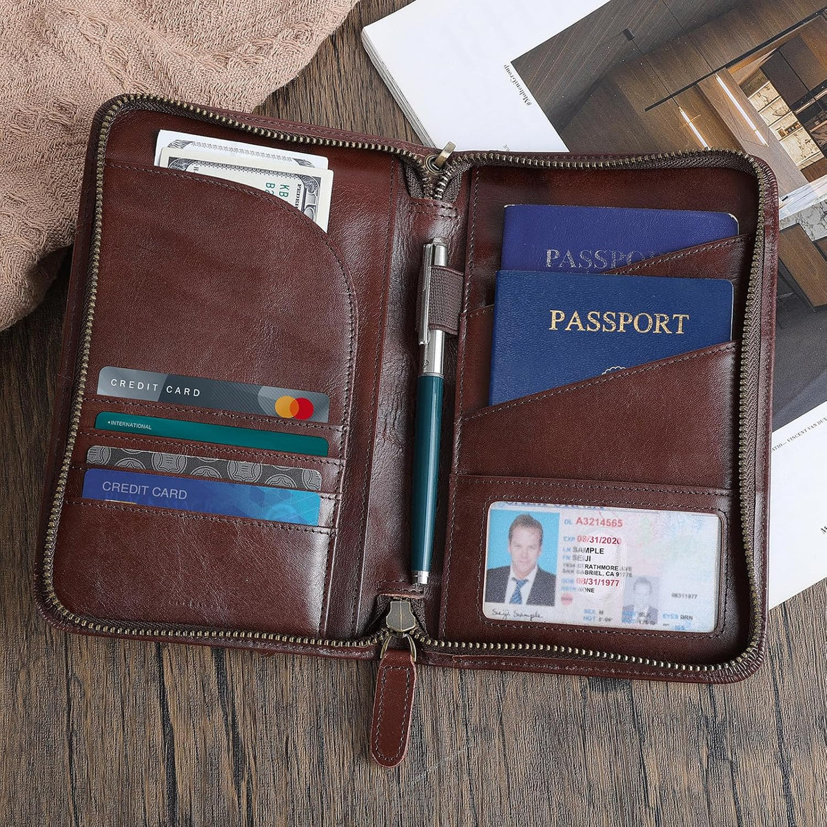 Polare Full Grain Leather Passport Holder With YKK Zipper RFID Blocking Travel Document Organizer Ticket Holder Cover Case Holds 2 Passports (Dark Brown)