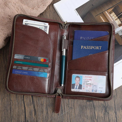 Polare Full Grain Leather Passport Holder With YKK Zipper RFID Blocking Travel Document Organizer Ticket Holder Cover Case Holds 2 Passports (Dark Brown)