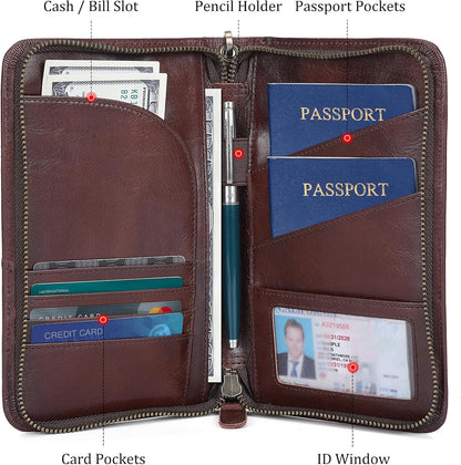 Polare Full Grain Leather Passport Holder With YKK Zipper RFID Blocking Travel Document Organizer Ticket Holder Cover Case Holds 2 Passports (Dark Brown)