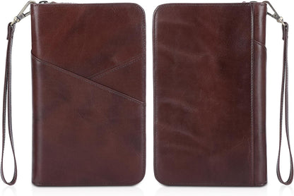 Polare Full Grain Leather Passport Holder With YKK Zipper RFID Blocking Travel Document Organizer Ticket Holder Cover Case Holds 2 Passports (Dark Brown)