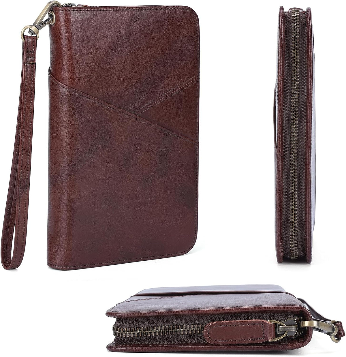 Polare Full Grain Leather Passport Holder With YKK Zipper RFID Blocking Travel Document Organizer Ticket Holder Cover Case Holds 2 Passports (Dark Brown)