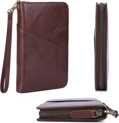 Polare Full Grain Leather Passport Holder With YKK Zipper RFID Blocking Travel Document Organizer Ticket Holder Cover Case Holds 2 Passports (Dark Brown)