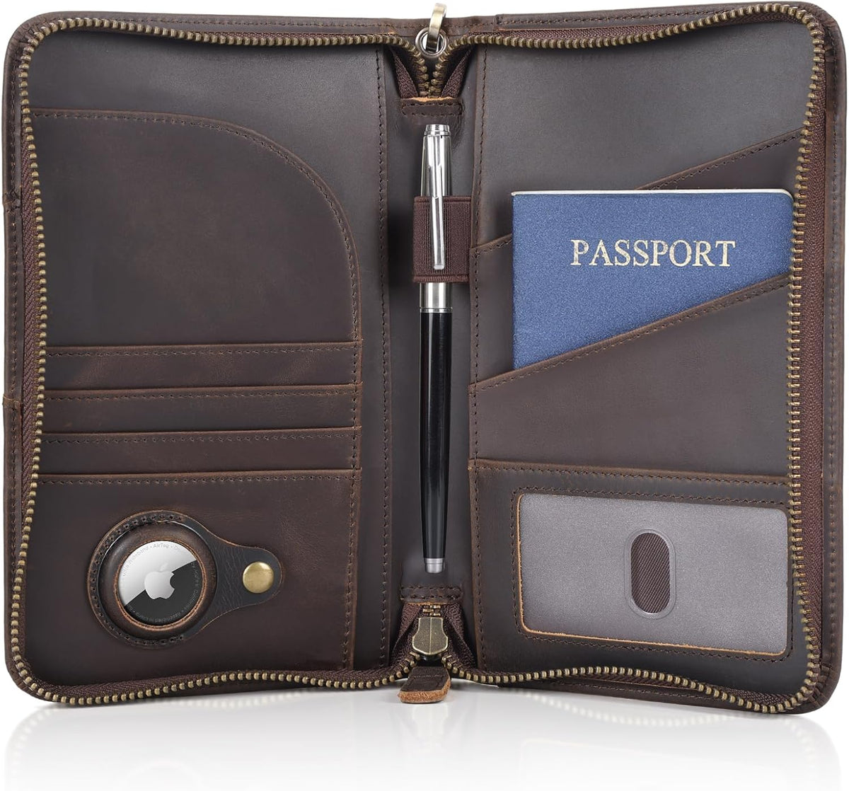 Polare Full Grain Leather Passport Holder With YKK Zipper RFID Blocking Travel Document Organizer Ticket Holder Cover Case Holds 2 Passports (Dark Brown)