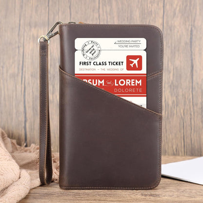 Polare Full Grain Leather Passport Holder With YKK Zipper RFID Blocking Travel Document Organizer Ticket Holder Cover Case Holds 2 Passports (Dark Brown)