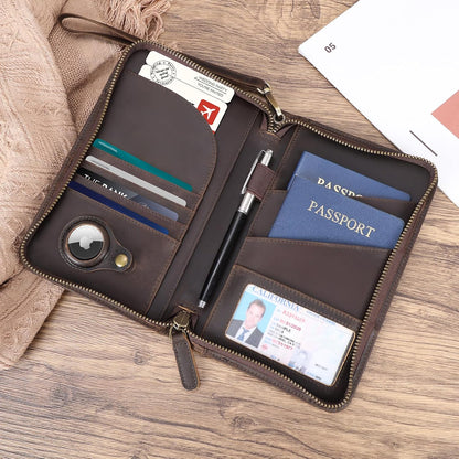 Polare Full Grain Leather Passport Holder With YKK Zipper RFID Blocking Travel Document Organizer Ticket Holder Cover Case Holds 2 Passports (Dark Brown)