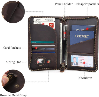 Polare Full Grain Leather Passport Holder With YKK Zipper RFID Blocking Travel Document Organizer Ticket Holder Cover Case Holds 2 Passports (Dark Brown)