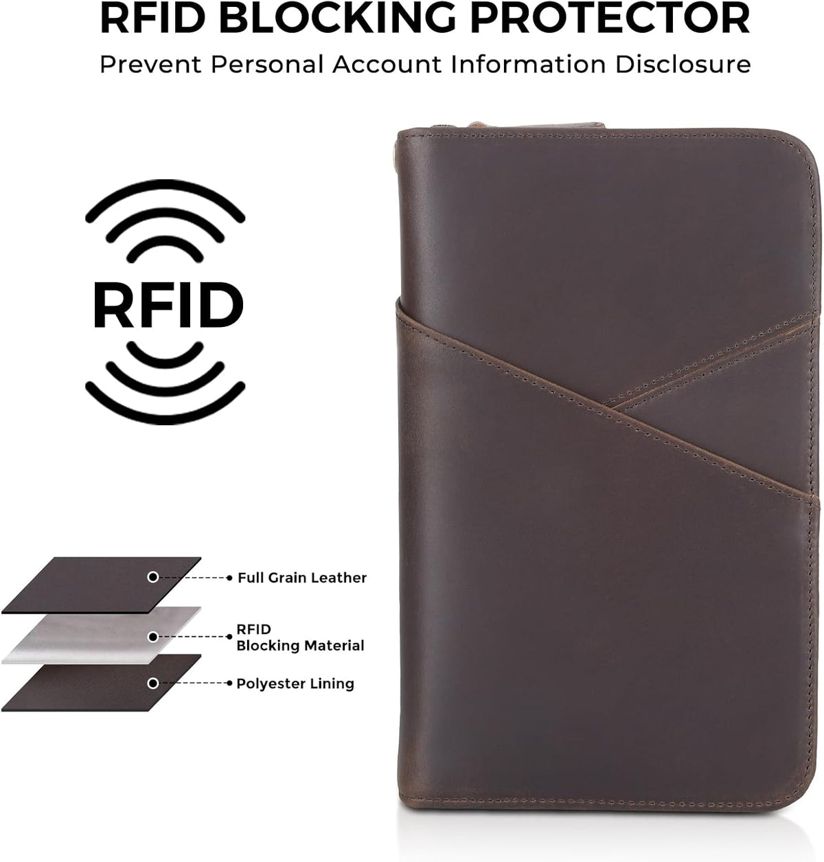 Polare Full Grain Leather Passport Holder With YKK Zipper RFID Blocking Travel Document Organizer Ticket Holder Cover Case Holds 2 Passports (Dark Brown)