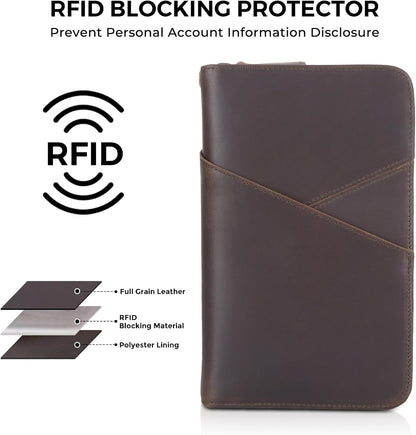 Polare Full Grain Leather Passport Holder With YKK Zipper RFID Blocking Travel Document Organizer Ticket Holder Cover Case Holds 2 Passports (Dark Brown)