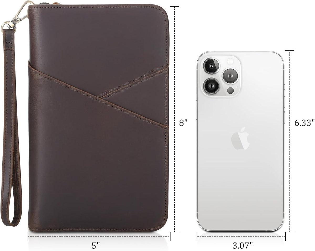 Polare Full Grain Leather Passport Holder With YKK Zipper RFID Blocking Travel Document Organizer Ticket Holder Cover Case Holds 2 Passports (Dark Brown)