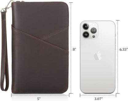 Polare Full Grain Leather Passport Holder With YKK Zipper RFID Blocking Travel Document Organizer Ticket Holder Cover Case Holds 2 Passports (Dark Brown)