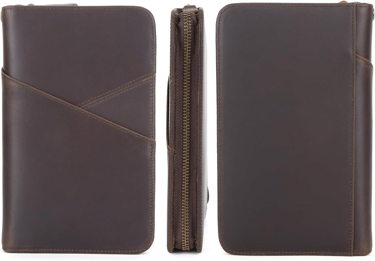 Polare Full Grain Leather Passport Holder With YKK Zipper RFID Blocking Travel Document Organizer Ticket Holder Cover Case Holds 2 Passports (Dark Brown)