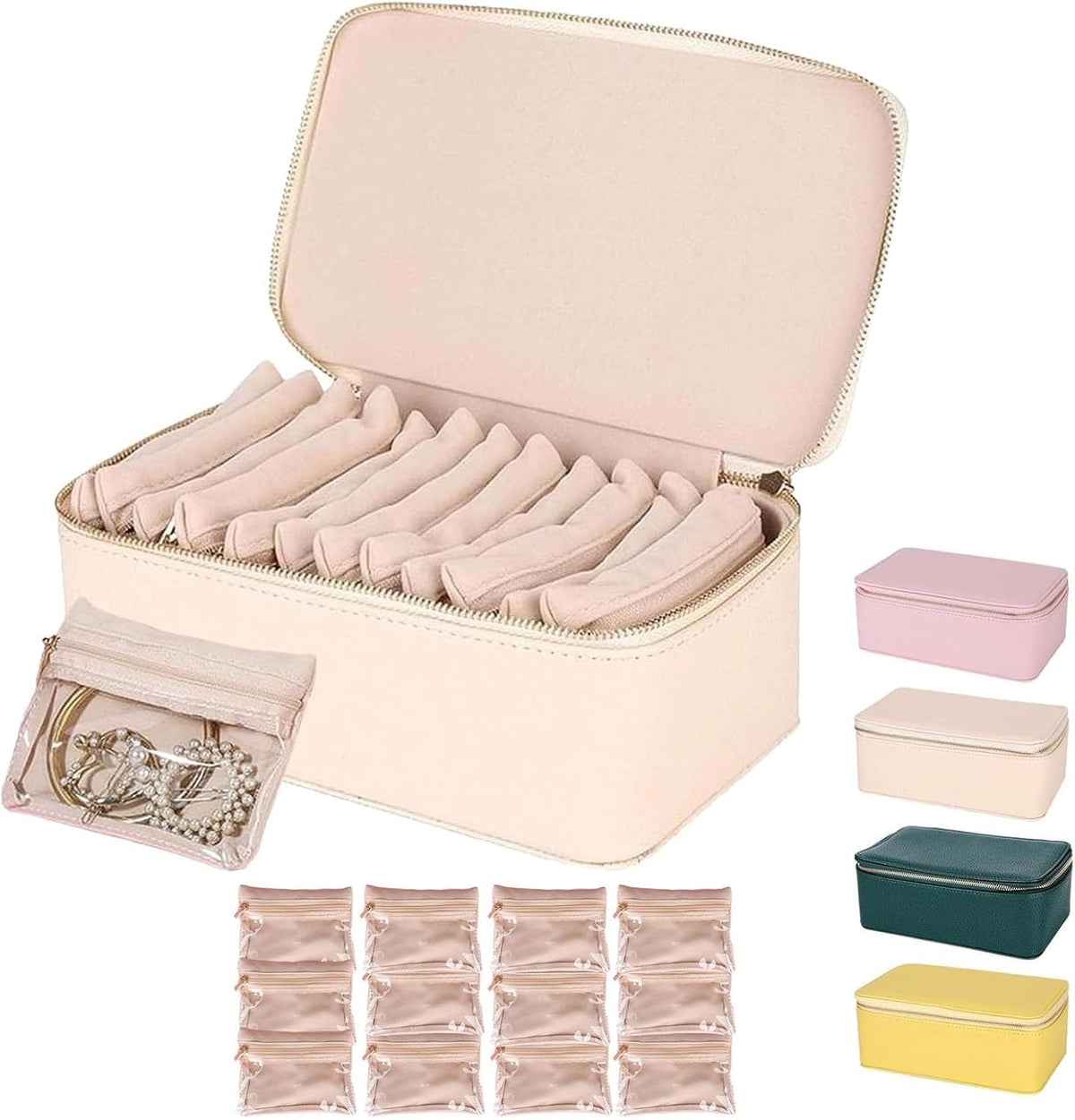 Portable PU Leather Jewelry Organizer Box with 12 Pouches,Familiarn Travel Jewelry Box with Small Pouches,Large Capacity Waterproof Jewelry Storage Case for Necklace, Earring,Bracelet,Ring (Pink)