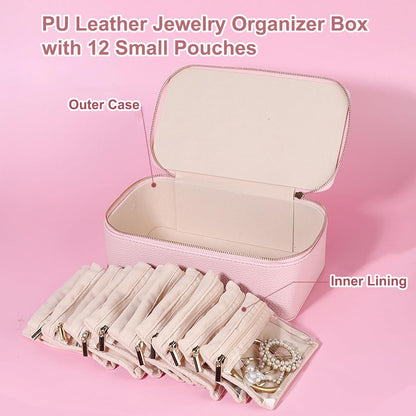 Portable PU Leather Jewelry Organizer Box with 12 Pouches,Familiarn Travel Jewelry Box with Small Pouches,Large Capacity Waterproof Jewelry Storage Case for Necklace, Earring,Bracelet,Ring (Pink)