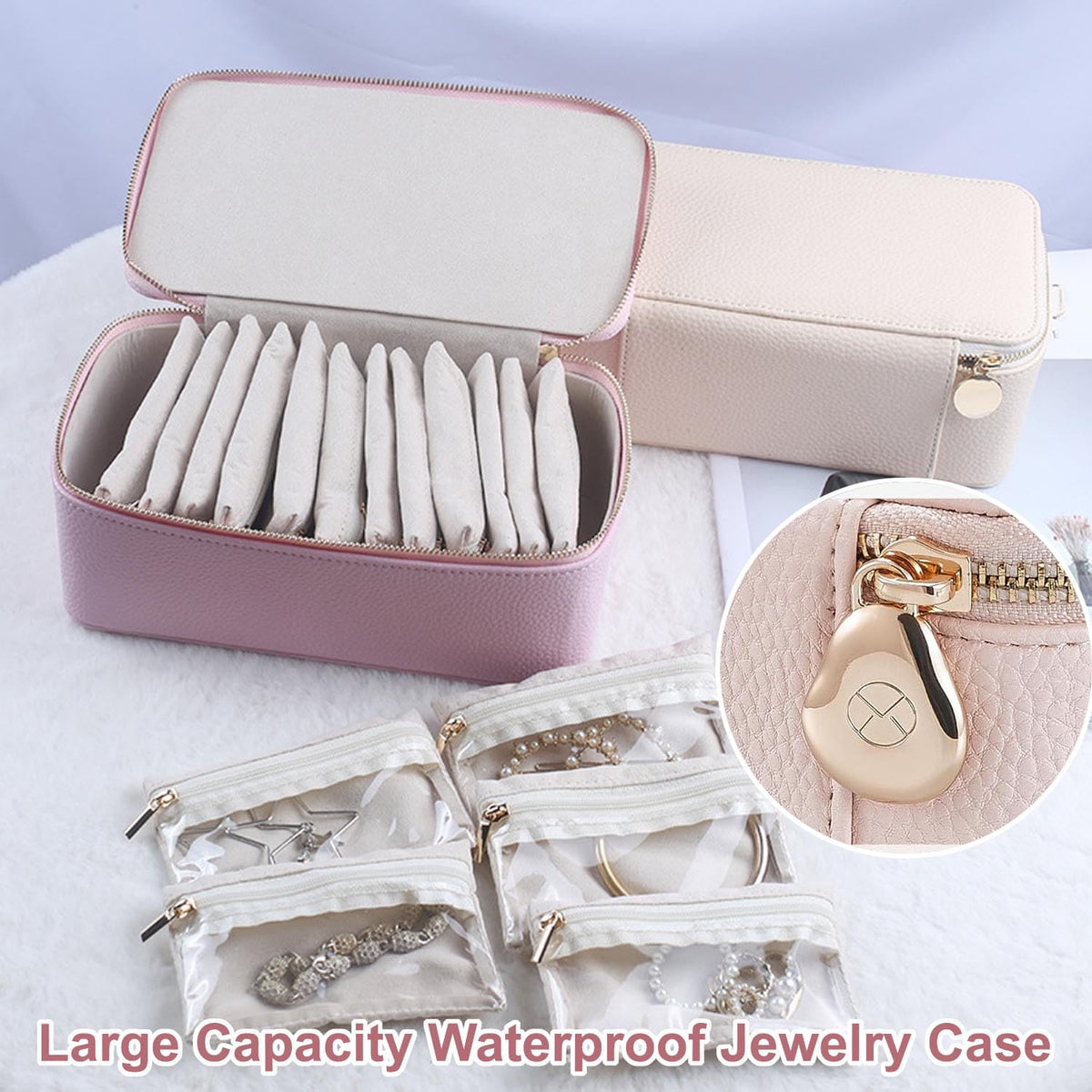 Portable PU Leather Jewelry Organizer Box with 12 Pouches,Familiarn Travel Jewelry Box with Small Pouches,Large Capacity Waterproof Jewelry Storage Case for Necklace, Earring,Bracelet,Ring (Pink)