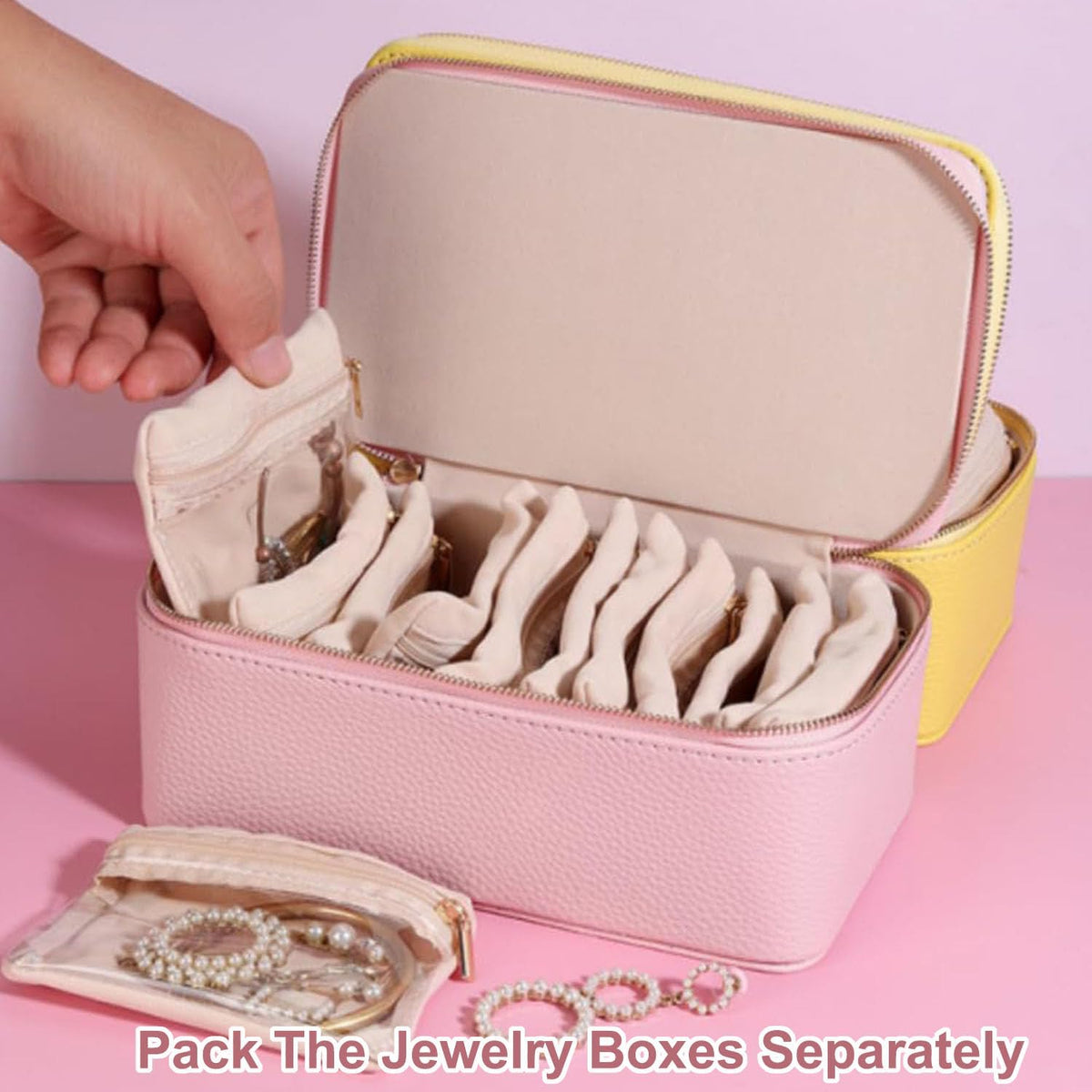 Portable PU Leather Jewelry Organizer Box with 12 Pouches,Familiarn Travel Jewelry Box with Small Pouches,Large Capacity Waterproof Jewelry Storage Case for Necklace, Earring,Bracelet,Ring (Pink)