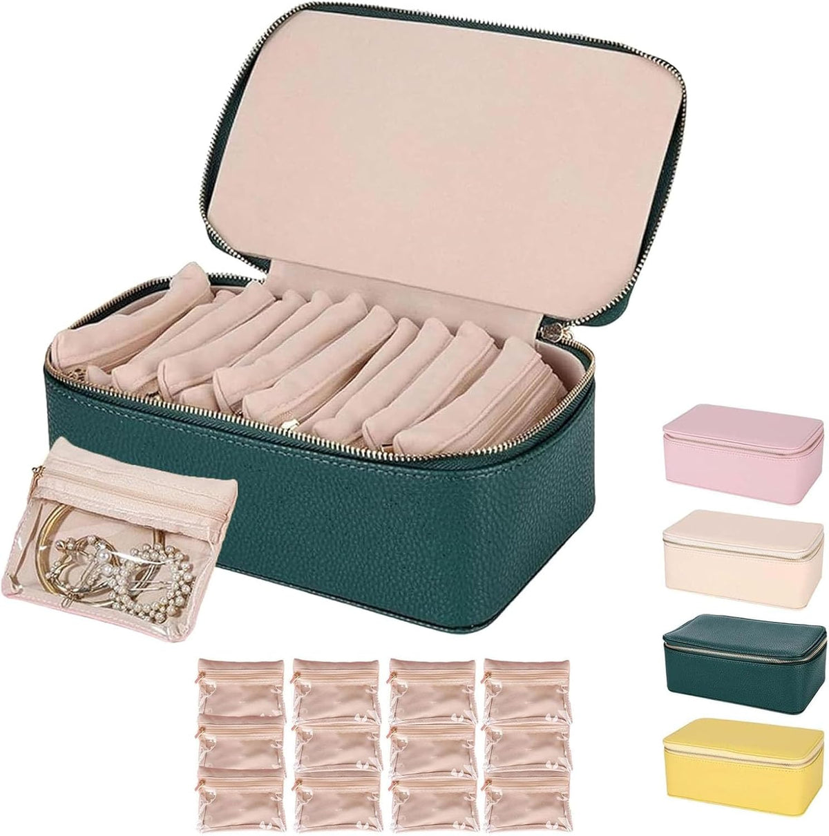 Portable PU Leather Jewelry Organizer Box with 12 Pouches,Familiarn Travel Jewelry Box with Small Pouches,Large Capacity Waterproof Jewelry Storage Case for Necklace, Earring,Bracelet,Ring (Pink)