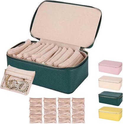 Portable PU Leather Jewelry Organizer Box with 12 Pouches,Familiarn Travel Jewelry Box with Small Pouches,Large Capacity Waterproof Jewelry Storage Case for Necklace, Earring,Bracelet,Ring (Pink)