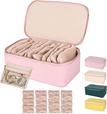 Portable PU Leather Jewelry Organizer Box with 12 Pouches,Familiarn Travel Jewelry Box with Small Pouches,Large Capacity Waterproof Jewelry Storage Case for Necklace, Earring,Bracelet,Ring (Pink)