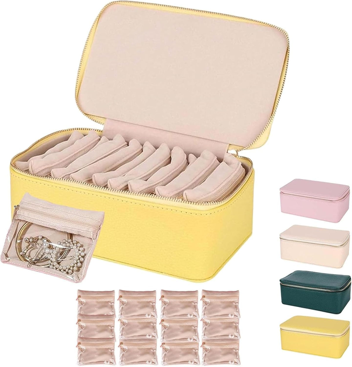Portable PU Leather Jewelry Organizer Box with 12 Pouches,Familiarn Travel Jewelry Box with Small Pouches,Large Capacity Waterproof Jewelry Storage Case for Necklace, Earring,Bracelet,Ring (Pink)