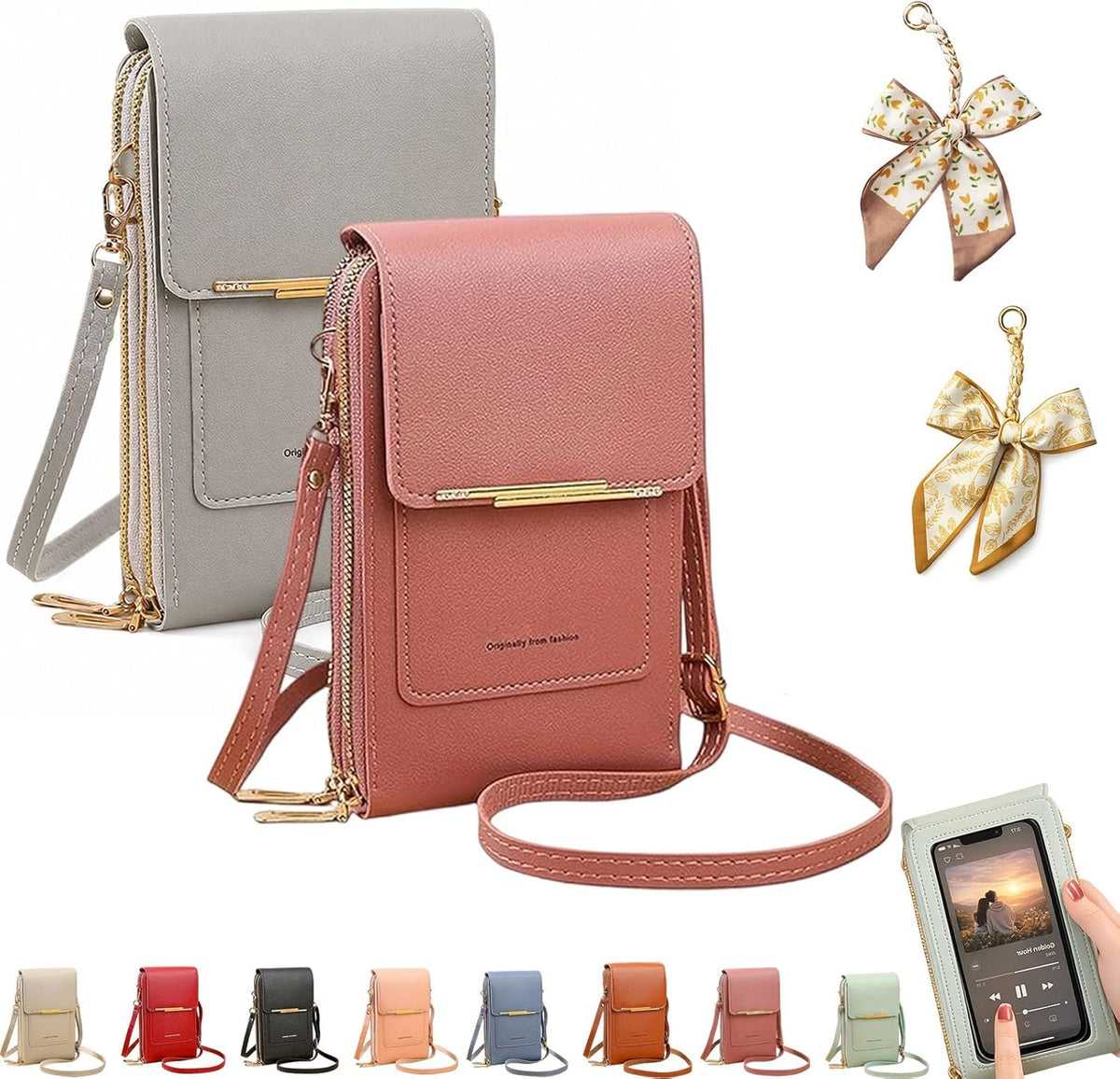 Women's Touch Screen Mobile Phone Messenger Bag, RFID Leather Crossbody Wallet Purse, Anti-Theft Shoulder Strap