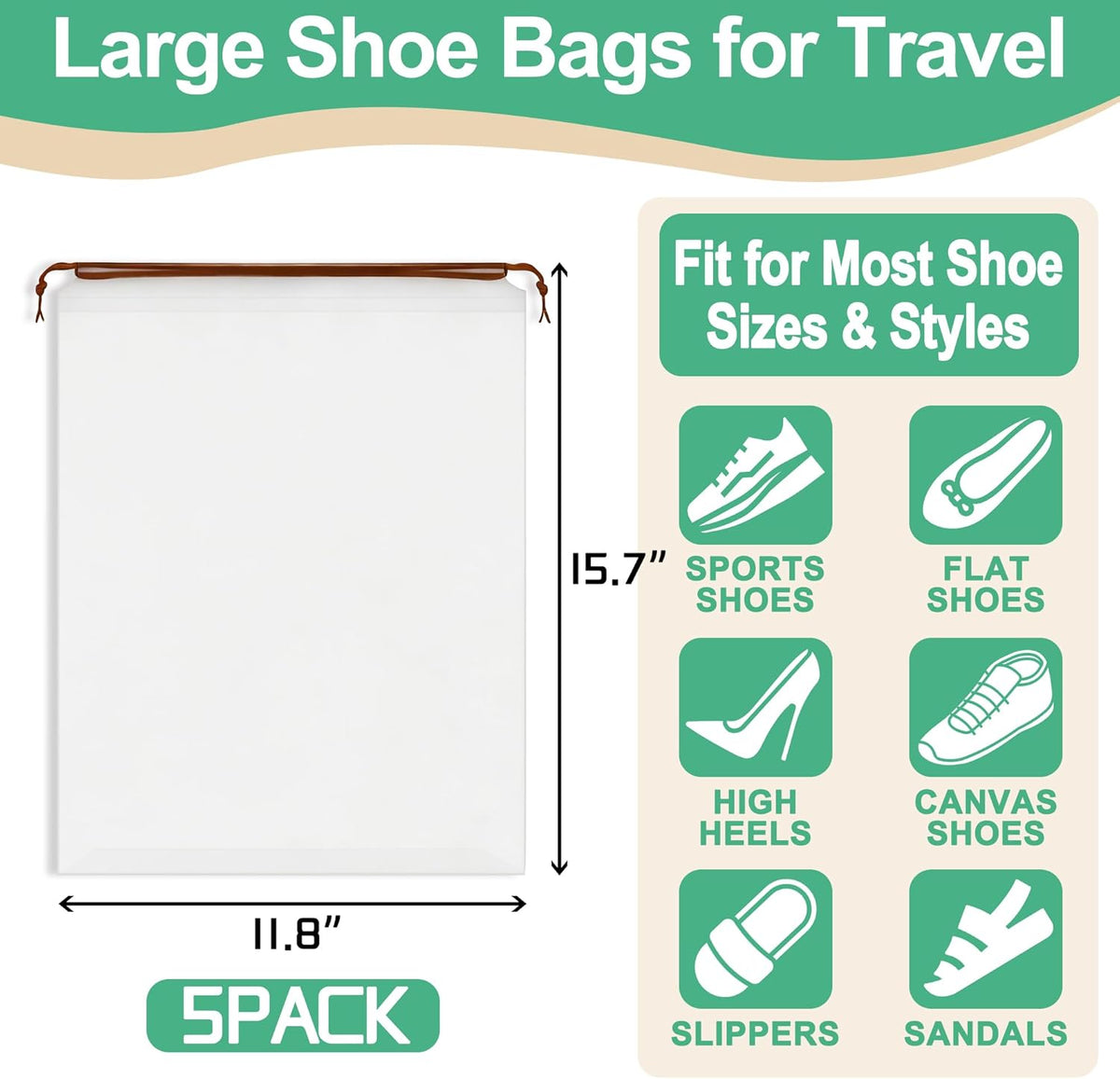Shoe Bags for Travel,Large Waterproof Portable Drawstring Clear Shoe Bags,Travel Essentials for Men and Women,15.7 x 11.8 inches, 5 PACK (Translucent, 5pack)