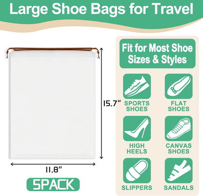 Shoe Bags for Travel,Large Waterproof Portable Drawstring Clear Shoe Bags,Travel Essentials for Men and Women,15.7 x 11.8 inches, 5 PACK (Translucent, 5pack)