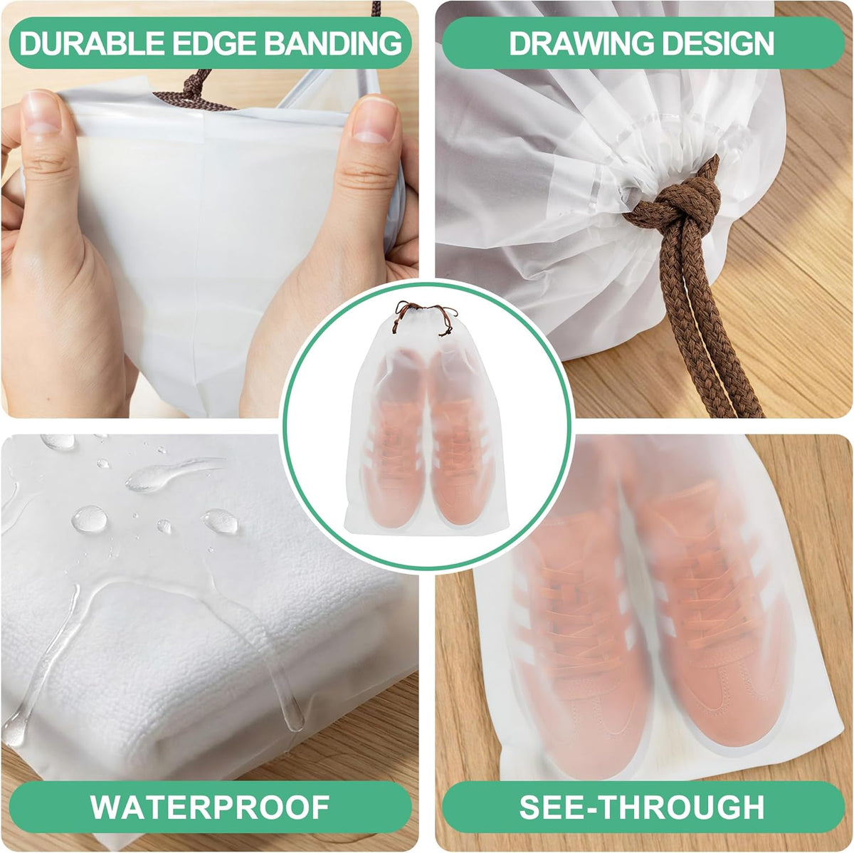 Shoe Bags for Travel,Large Waterproof Portable Drawstring Clear Shoe Bags,Travel Essentials for Men and Women,15.7 x 11.8 inches, 5 PACK (Translucent, 5pack)