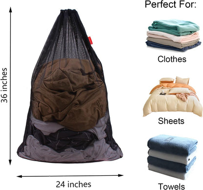 2 Pack Mesh Laundry Bags, 24 x 36 Inches Heavy Duty Drawstring Bag, Factories, College, Dorm, Travel and Apartment Dwellers, Black