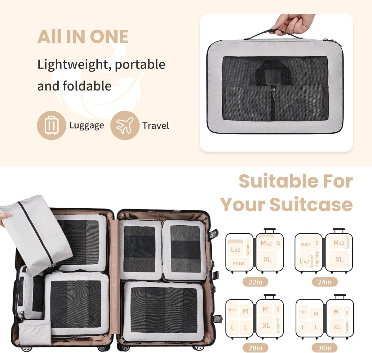 Compression Packing Cubes for Travel, Lightweight Vacation Travel Essentials, Travel Accessories for Suitcase Organizer Bags Set, Durable Luggage Organizer