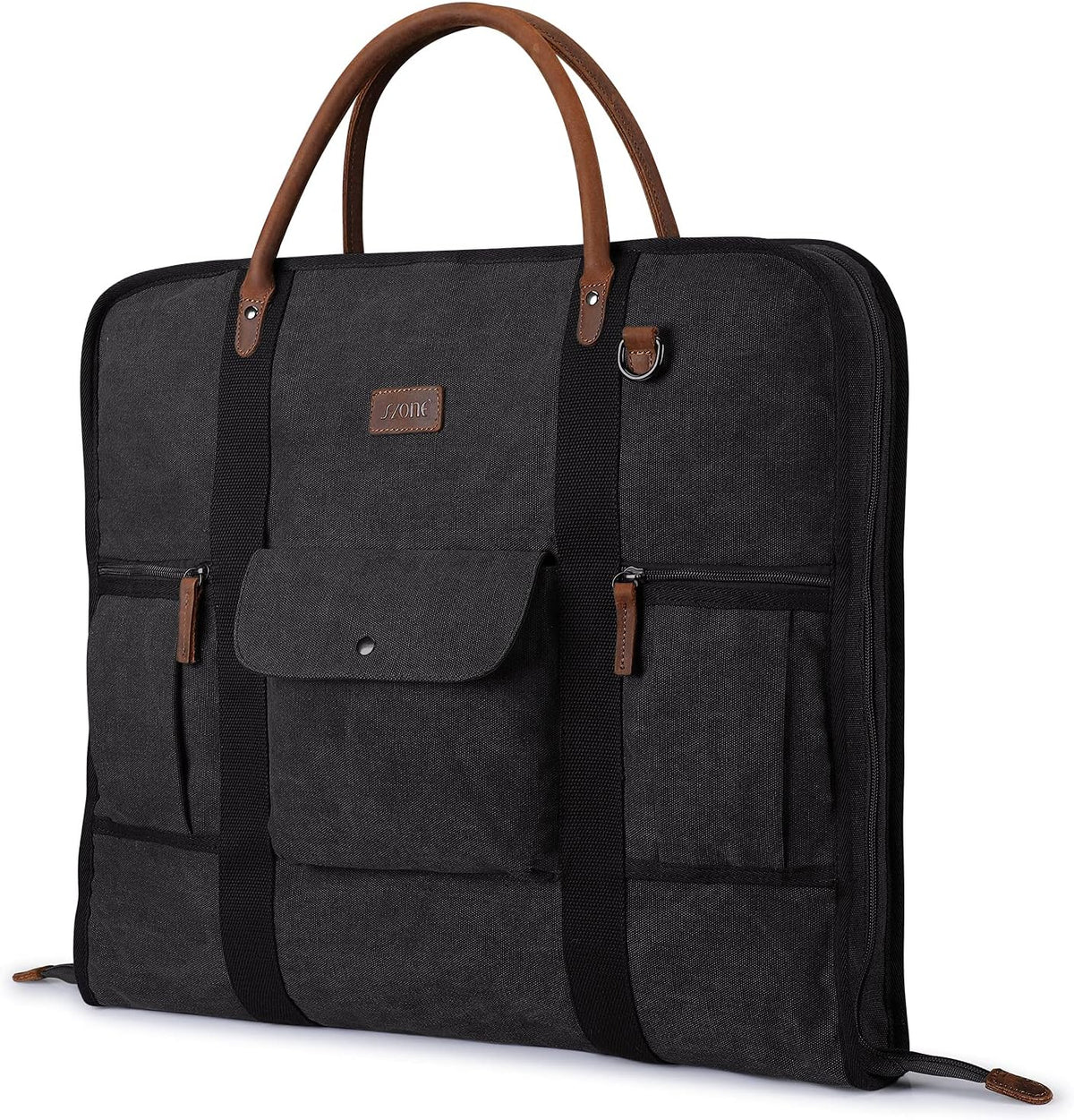 Carry on Garment Bag for Business Travel Canvas Leather Men Suit Cover | Leather Handle Straps, Multi-Pocket, Removable Shoulder strap, Trolley Sleeve, for Gym or Daily Use