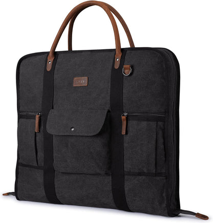Carry on Garment Bag for Business Travel Canvas Leather Men Suit Cover | Leather Handle Straps, Multi-Pocket, Removable Shoulder strap, Trolley Sleeve, for Gym or Daily Use