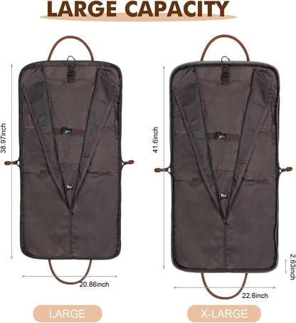 Carry on Garment Bag for Business Travel Canvas Leather Men Suit Cover | Leather Handle Straps, Multi-Pocket, Removable Shoulder strap, Trolley Sleeve, for Gym or Daily Use