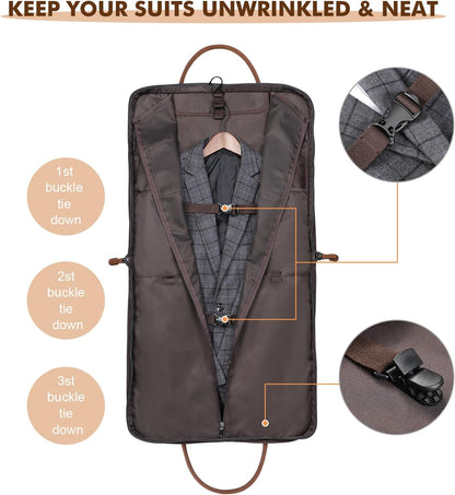 Carry on Garment Bag for Business Travel Canvas Leather Men Suit Cover | Leather Handle Straps, Multi-Pocket, Removable Shoulder strap, Trolley Sleeve, for Gym or Daily Use