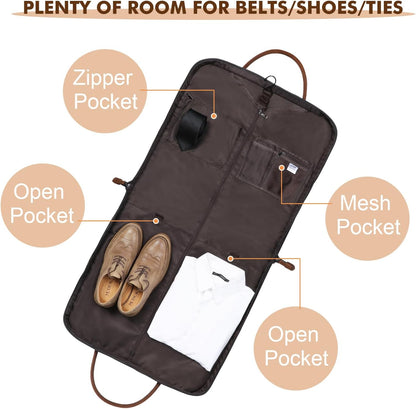 Carry on Garment Bag for Business Travel Canvas Leather Men Suit Cover | Leather Handle Straps, Multi-Pocket, Removable Shoulder strap, Trolley Sleeve, for Gym or Daily Use