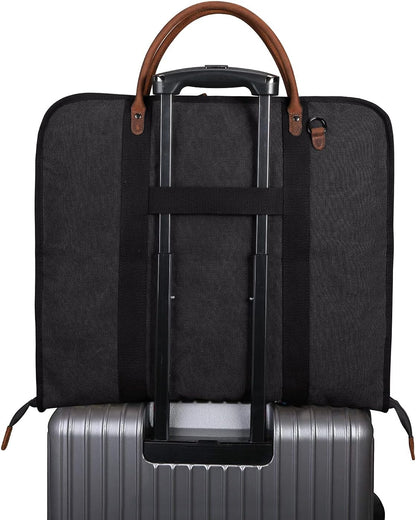 Carry on Garment Bag for Business Travel Canvas Leather Men Suit Cover | Leather Handle Straps, Multi-Pocket, Removable Shoulder strap, Trolley Sleeve, for Gym or Daily Use