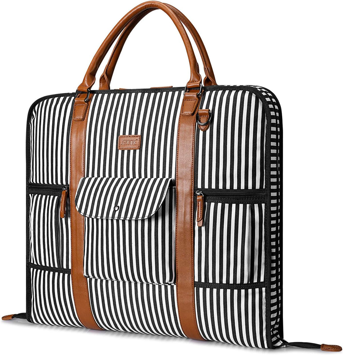 Carry on Garment Bag for Business Travel Canvas Leather Men Suit Cover | Leather Handle Straps, Multi-Pocket, Removable Shoulder strap, Trolley Sleeve, for Gym or Daily Use