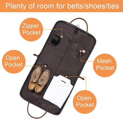 Carry on Garment Bag for Business Travel Canvas Leather Men Suit Cover | Leather Handle Straps, Multi-Pocket, Removable Shoulder strap, Trolley Sleeve, for Gym or Daily Use