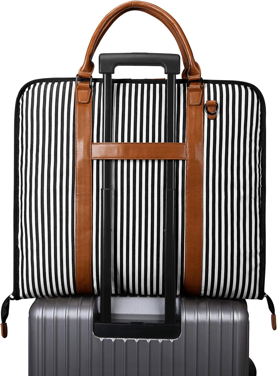 Carry on Garment Bag for Business Travel Canvas Leather Men Suit Cover | Leather Handle Straps, Multi-Pocket, Removable Shoulder strap, Trolley Sleeve, for Gym or Daily Use