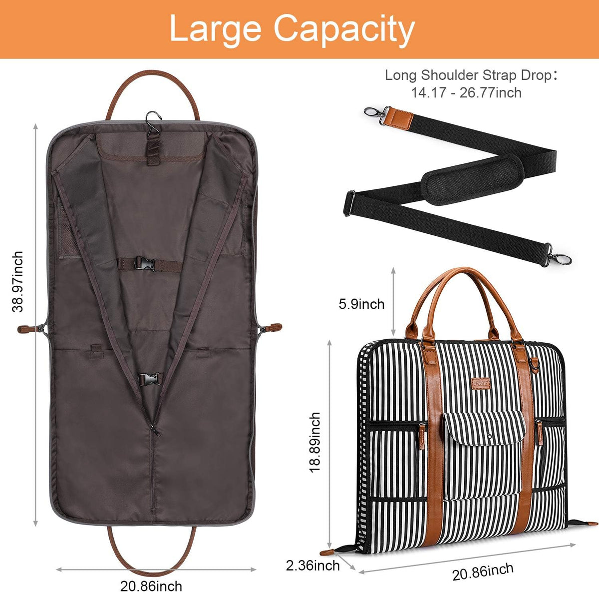 Carry on Garment Bag for Business Travel Canvas Leather Men Suit Cover | Leather Handle Straps, Multi-Pocket, Removable Shoulder strap, Trolley Sleeve, for Gym or Daily Use