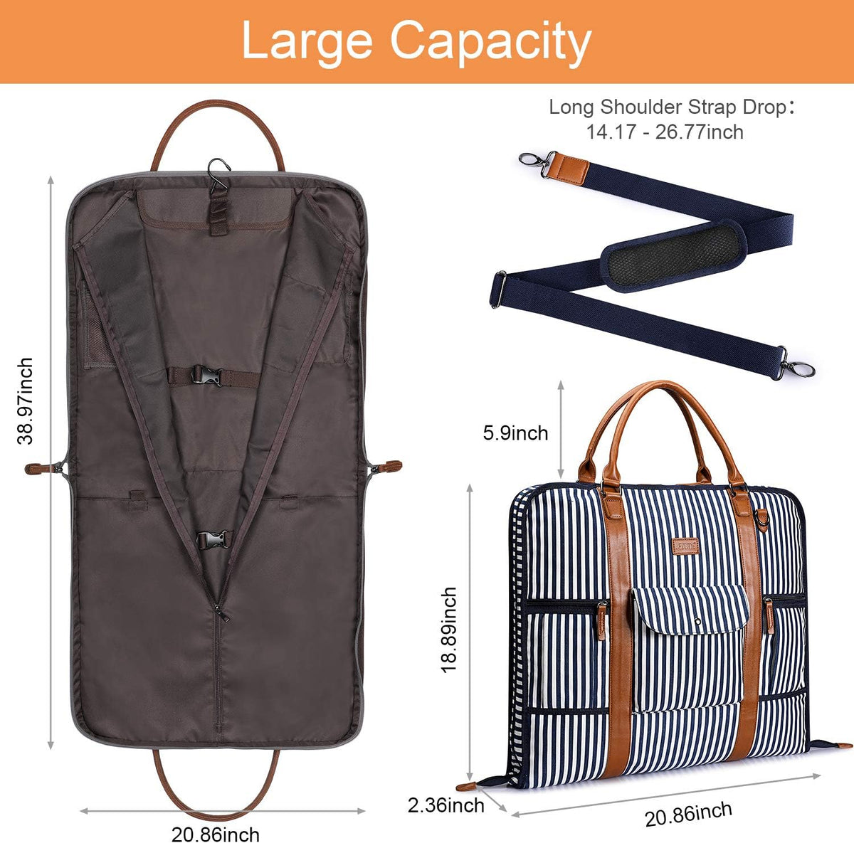 Carry on Garment Bag for Business Travel Canvas Leather Men Suit Cover | Leather Handle Straps, Multi-Pocket, Removable Shoulder strap, Trolley Sleeve, for Gym or Daily Use