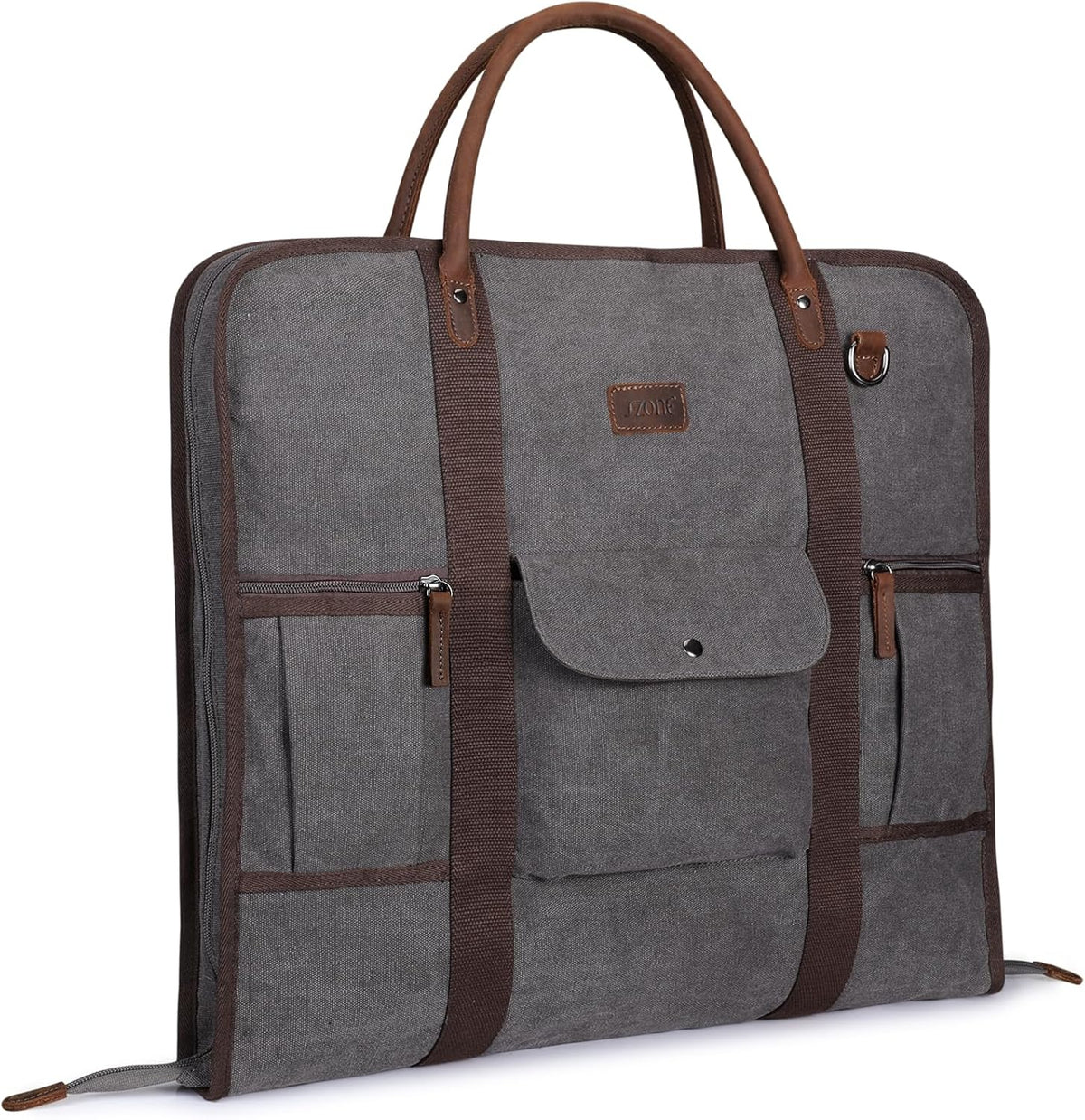 Carry on Garment Bag for Business Travel Canvas Leather Men Suit Cover | Leather Handle Straps, Multi-Pocket, Removable Shoulder strap, Trolley Sleeve, for Gym or Daily Use
