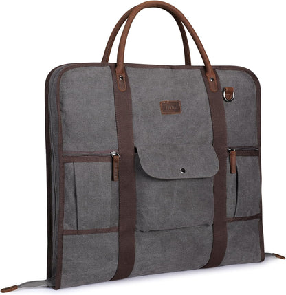 Carry on Garment Bag for Business Travel Canvas Leather Men Suit Cover | Leather Handle Straps, Multi-Pocket, Removable Shoulder strap, Trolley Sleeve, for Gym or Daily Use