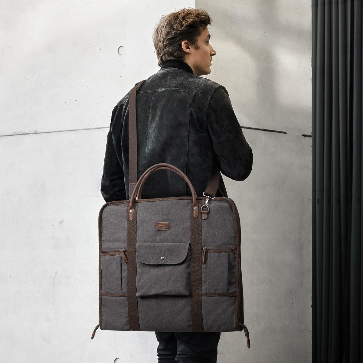 Carry on Garment Bag for Business Travel Canvas Leather Men Suit Cover | Leather Handle Straps, Multi-Pocket, Removable Shoulder strap, Trolley Sleeve, for Gym or Daily Use
