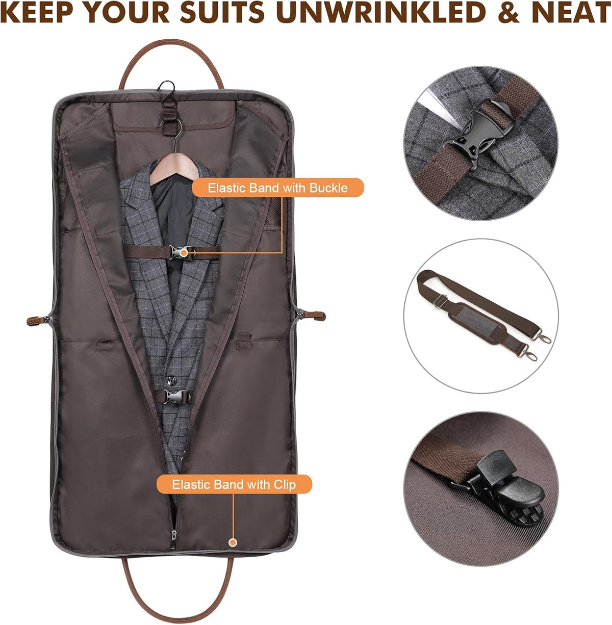 Carry on Garment Bag for Business Travel Canvas Leather Men Suit Cover | Leather Handle Straps, Multi-Pocket, Removable Shoulder strap, Trolley Sleeve, for Gym or Daily Use