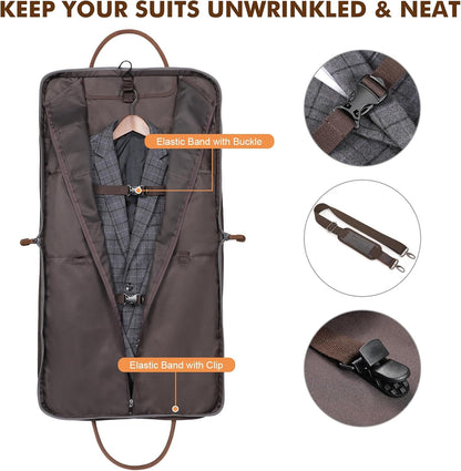Carry on Garment Bag for Business Travel Canvas Leather Men Suit Cover | Leather Handle Straps, Multi-Pocket, Removable Shoulder strap, Trolley Sleeve, for Gym or Daily Use