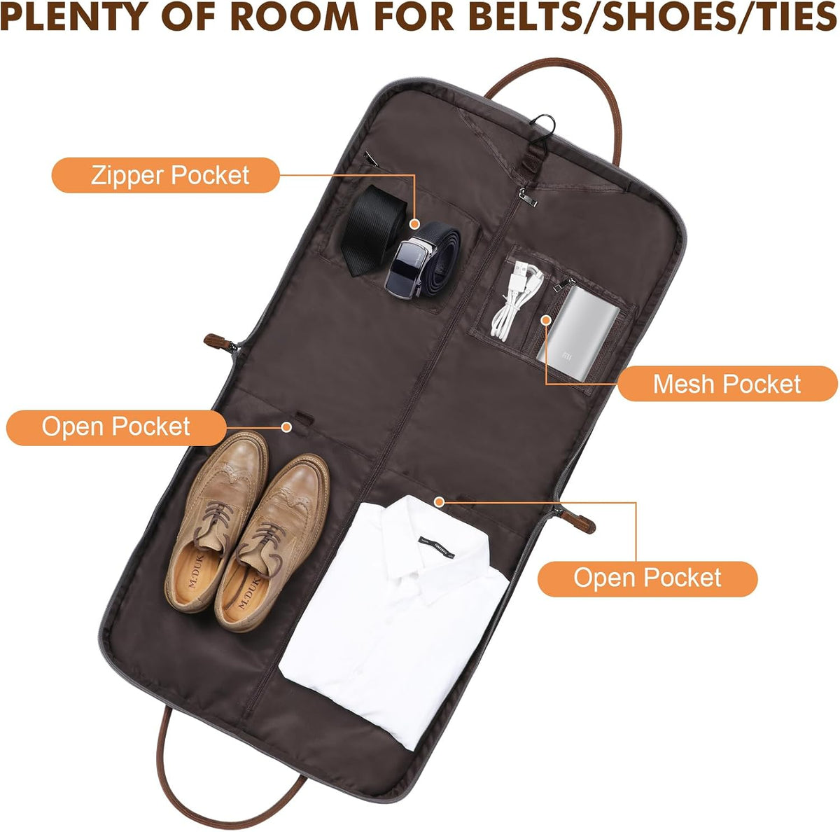 Carry on Garment Bag for Business Travel Canvas Leather Men Suit Cover | Leather Handle Straps, Multi-Pocket, Removable Shoulder strap, Trolley Sleeve, for Gym or Daily Use