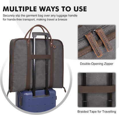 Carry on Garment Bag for Business Travel Canvas Leather Men Suit Cover | Leather Handle Straps, Multi-Pocket, Removable Shoulder strap, Trolley Sleeve, for Gym or Daily Use