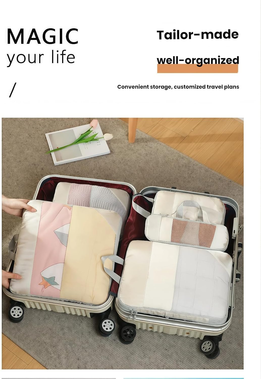 Expandable Compression Packing Cubes Set, Travel Luggage Organizer Bags | Expandable packing cubes with compression zippers, mesh panels and multiple organizers for travel, luggage and storage.