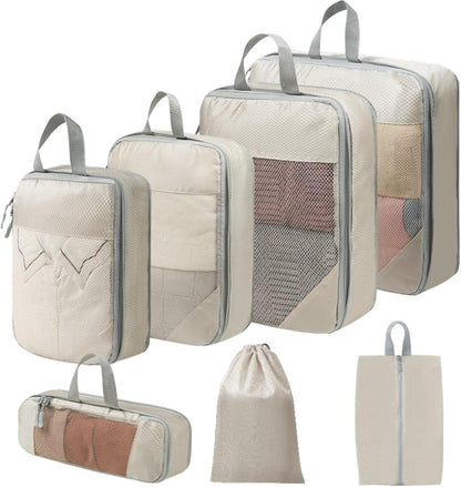 Expandable Compression Packing Cubes Set, Travel Luggage Organizer Bags | Expandable packing cubes with compression zippers, mesh panels and multiple organizers for travel, luggage and storage.