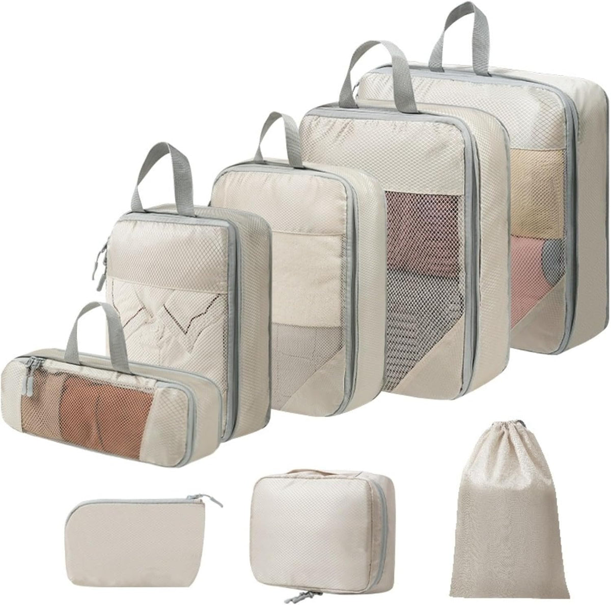 Expandable Compression Packing Cubes Set, Travel Luggage Organizer Bags | Expandable packing cubes with compression zippers, mesh panels and multiple organizers for travel, luggage and storage.
